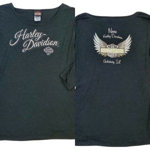 Harley Davidson‎ Womens Medium Large Fitted Graphic Shirt Galesburg IL Blue